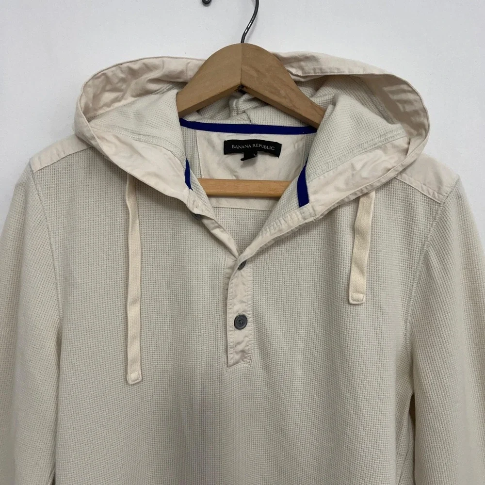 Banana Republic Hoodie Mens Small Beige Waffle Knit Henley Hooded Thermal Top